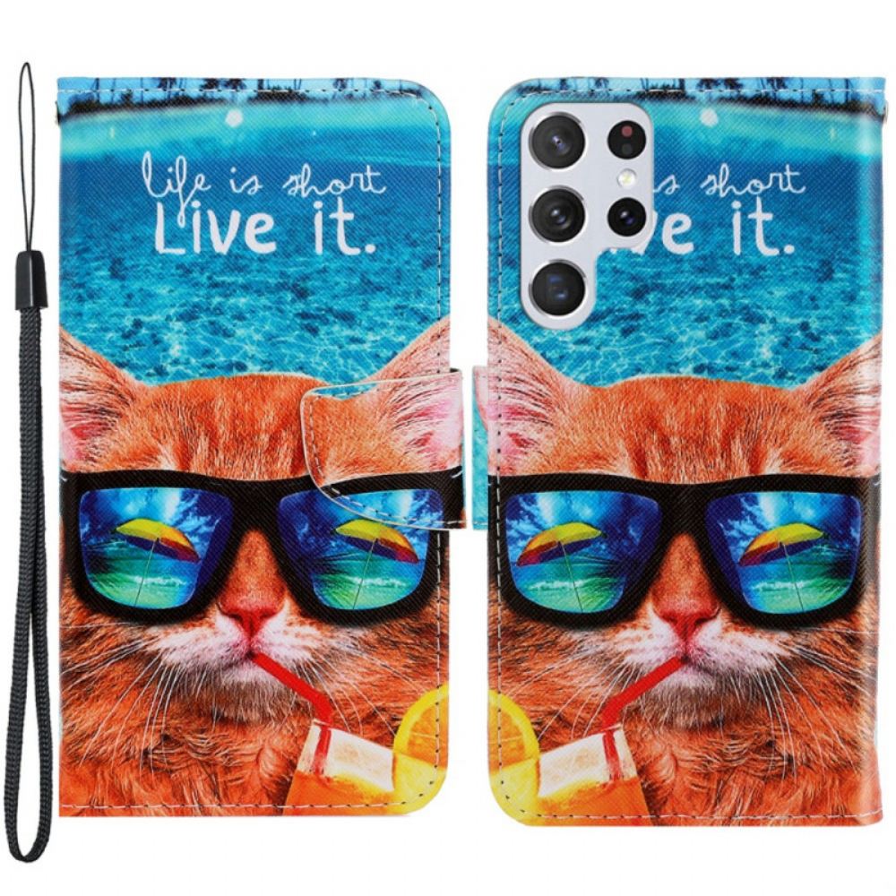 Flipové Pouzdro Na Samsung Galaxy S22 Ultra 5G Na Lana Cat Live It Strappy