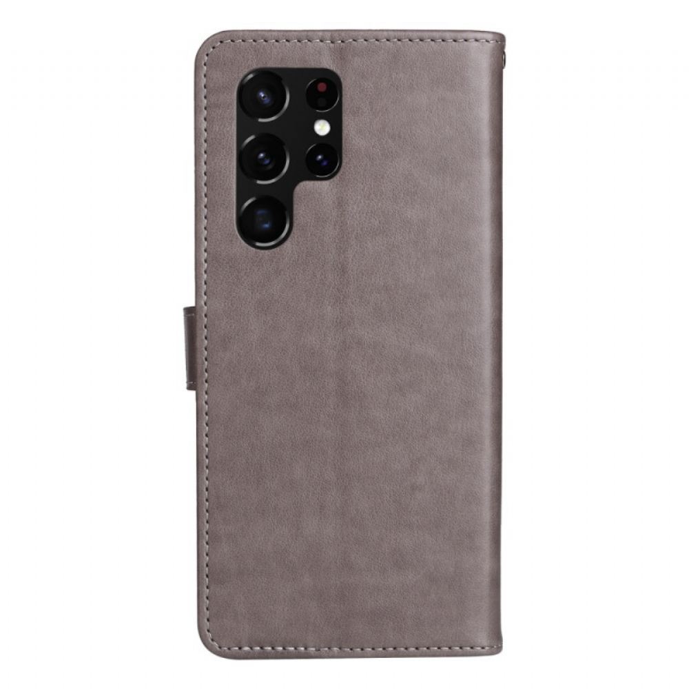 Flipové Pouzdro Na Samsung Galaxy S22 Ultra 5G Na Lana Kočka A Včela S Popruhem