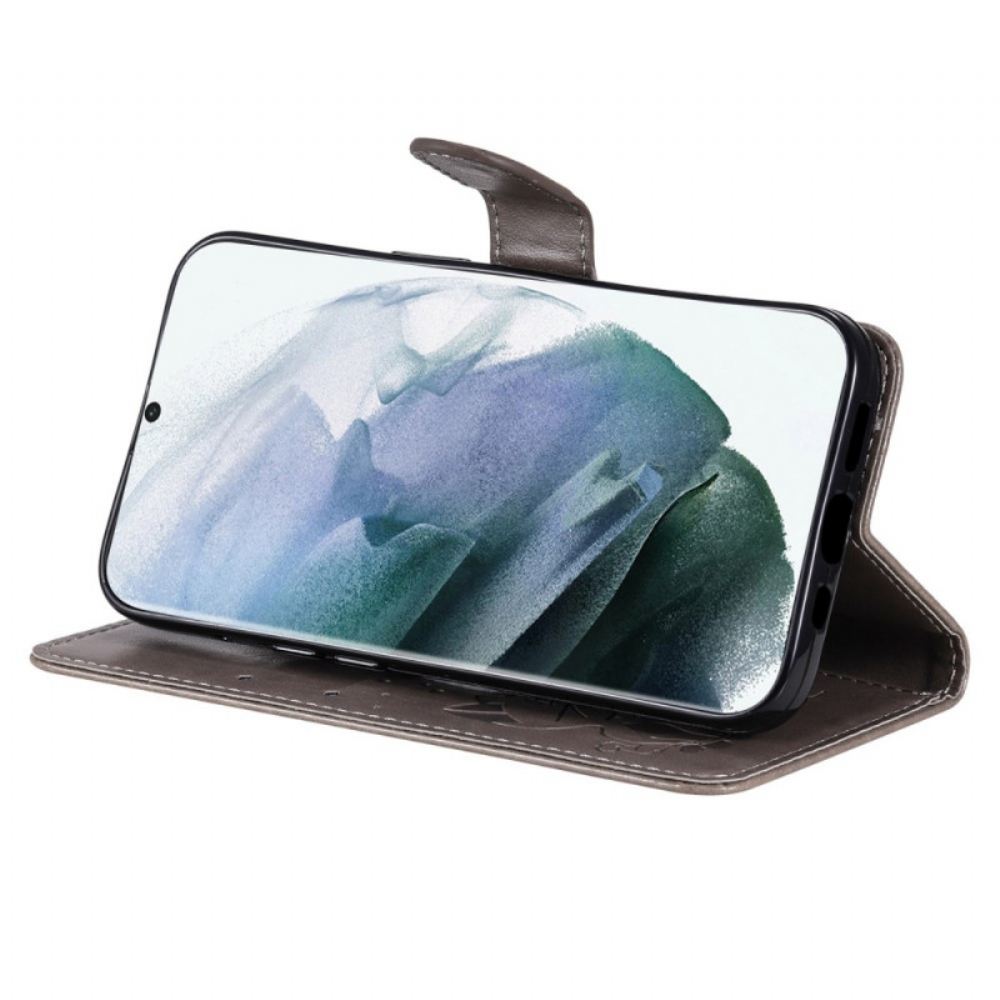 Flipové Pouzdro Na Samsung Galaxy S22 Ultra 5G Na Lana Kočka A Včela S Popruhem