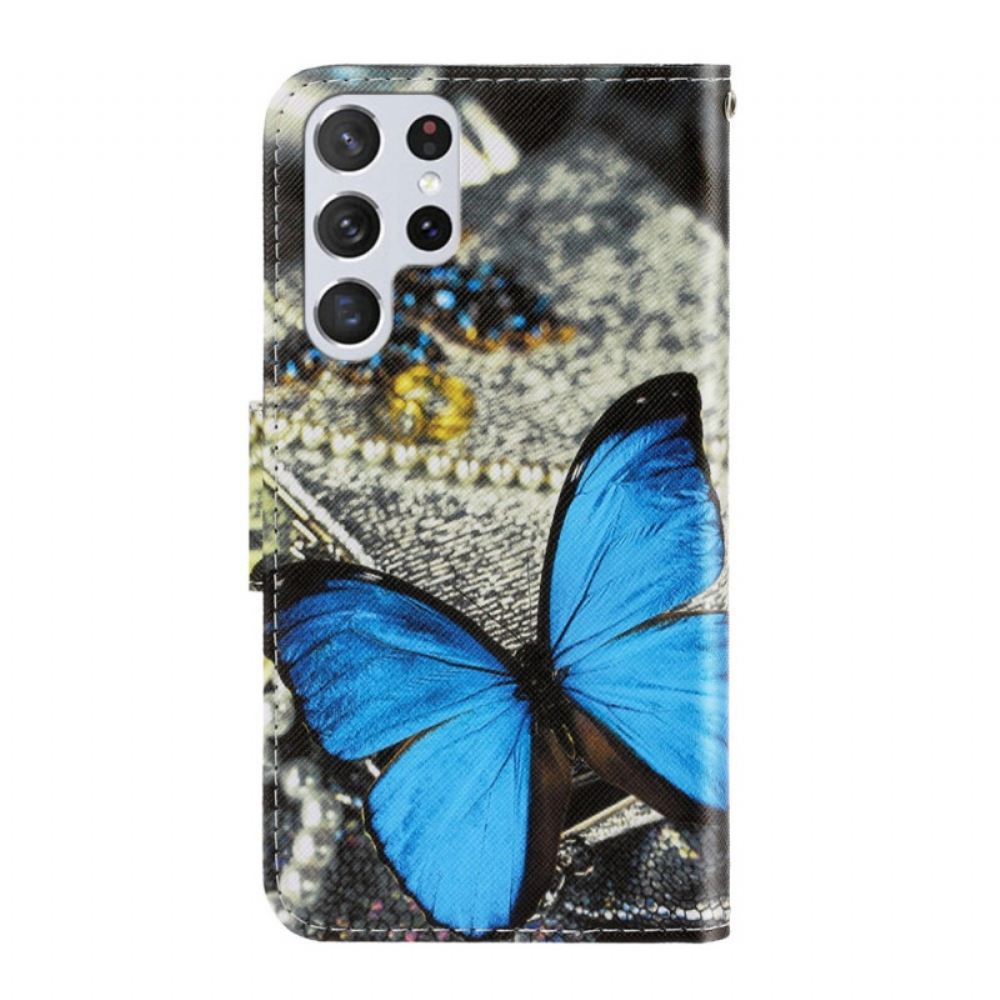 Flipové Pouzdro Na Samsung Galaxy S22 Ultra 5G Na Lana Variace Motýlků