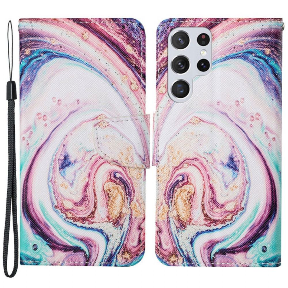 Flipové Pouzdro Na Samsung Galaxy S22 Ultra 5G Mramor S Popruhem