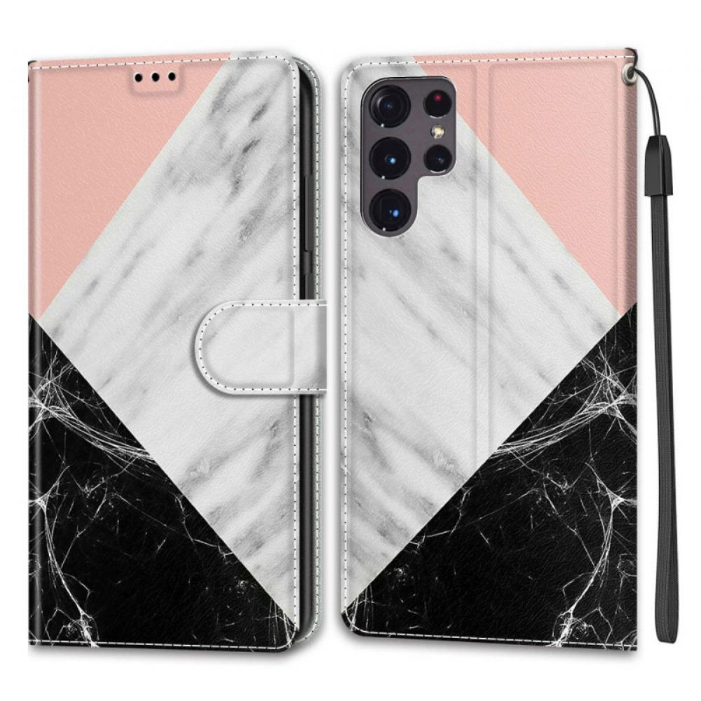 Flipové Pouzdro Na Samsung Galaxy S22 Ultra 5G Mramorová Elegance S Popruhem