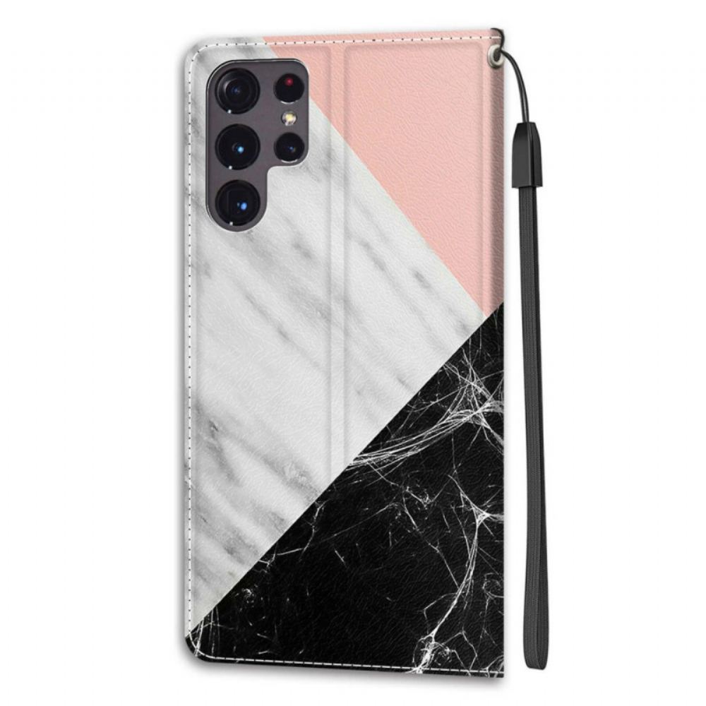 Flipové Pouzdro Na Samsung Galaxy S22 Ultra 5G Mramorová Elegance S Popruhem