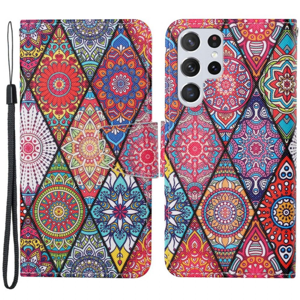 Flipové Pouzdro Na Samsung Galaxy S22 Ultra 5G Patchwork S Popruhem