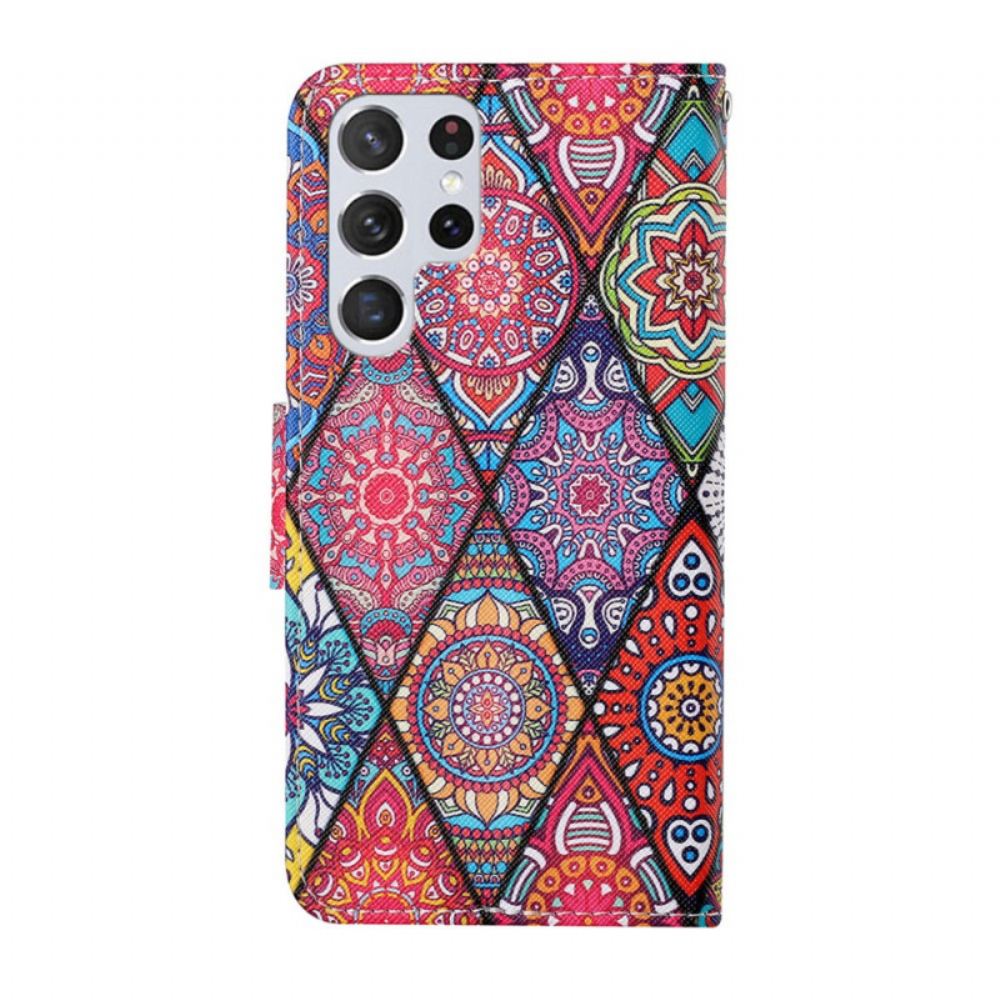Flipové Pouzdro Na Samsung Galaxy S22 Ultra 5G Patchwork S Popruhem
