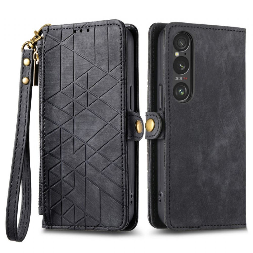 Kožený Kryt Na Sony Xperia 1 Vi Peněženka S Geometrickým Vzorem