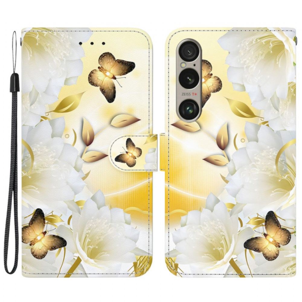 Kožený Kryt Na Sony Xperia 1 Vi Zlatí Motýli A Bílé Květy S Řemínkem
