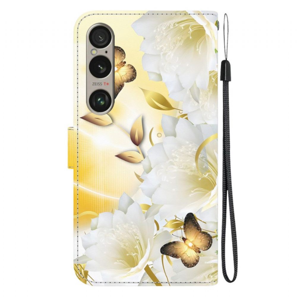 Kožený Kryt Na Sony Xperia 1 Vi Zlatí Motýli A Bílé Květy S Řemínkem