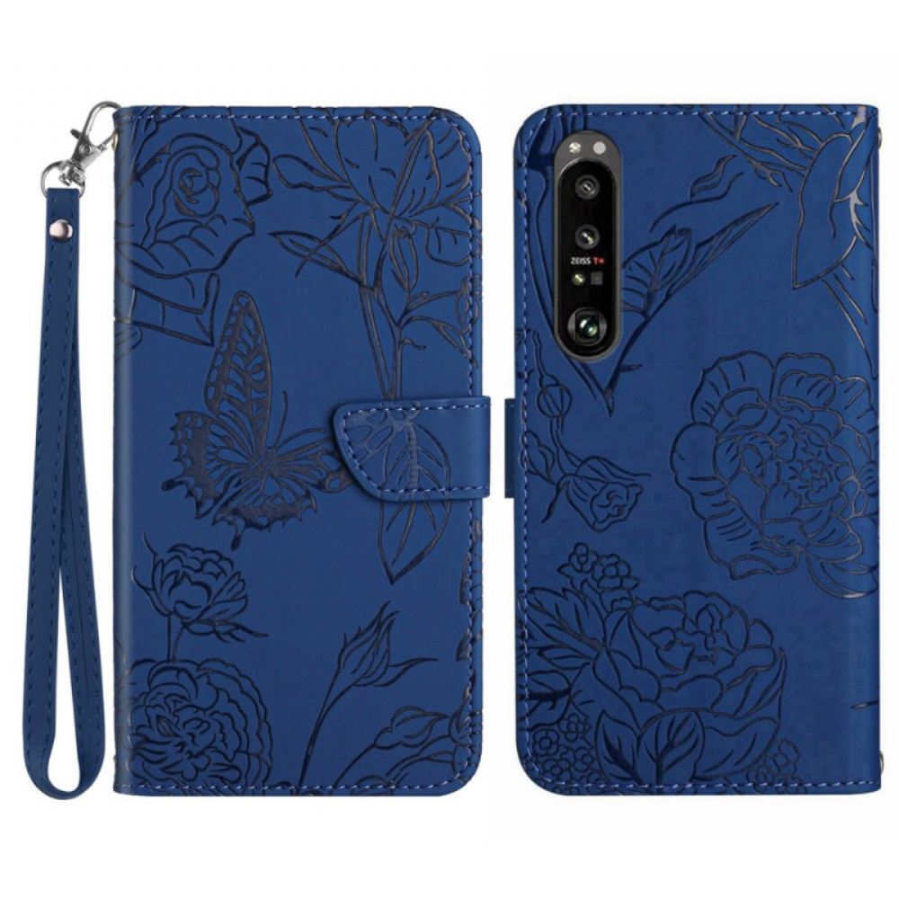 Kožený Kryt Sony Xperia 1 Vi Potisk Motýlů S Páskem