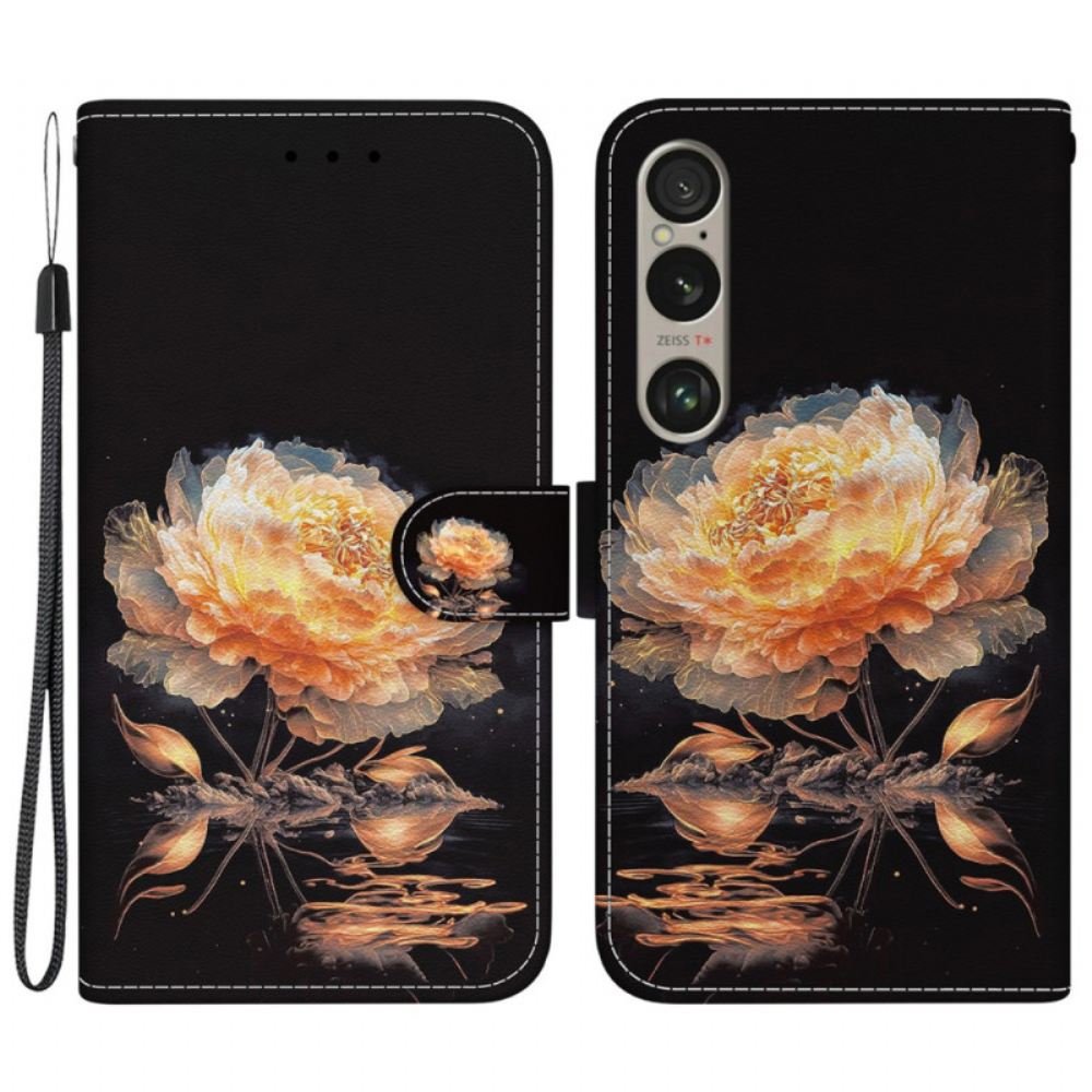 Kožený Kryt Sony Xperia 1 Vi Zlatá Pivoňka S Řemínkem