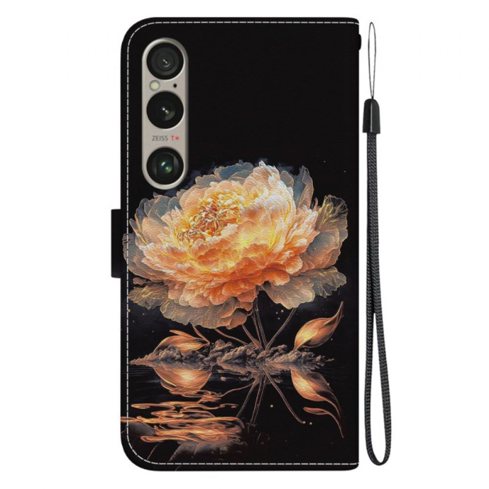 Kožený Kryt Sony Xperia 1 Vi Zlatá Pivoňka S Řemínkem