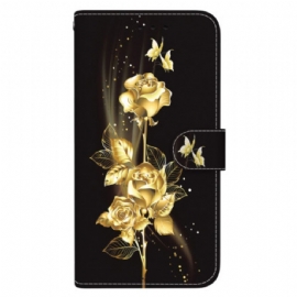 Kožený Kryt Sony Xperia 1 Vi Zlatí Motýli A Růže S Popruhem