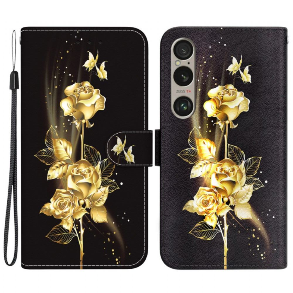 Kožený Kryt Sony Xperia 1 Vi Zlatí Motýli A Růže S Popruhem