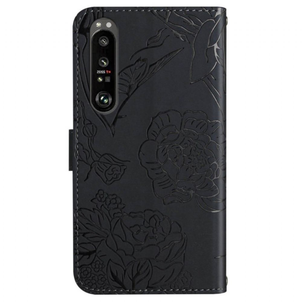 Peněženková Pouzdra Sony Xperia 1 Vi Kryty Na Mobil Potisk Motýlů S Popruhem Přes Rameno