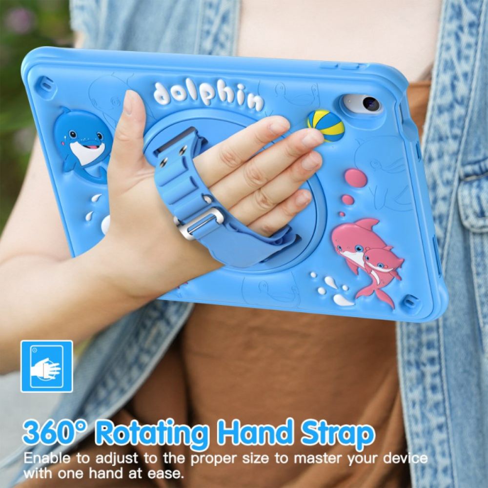 Kryt iPad (2025) Dětský Otočný Stojan S Delfínem A Popruhem