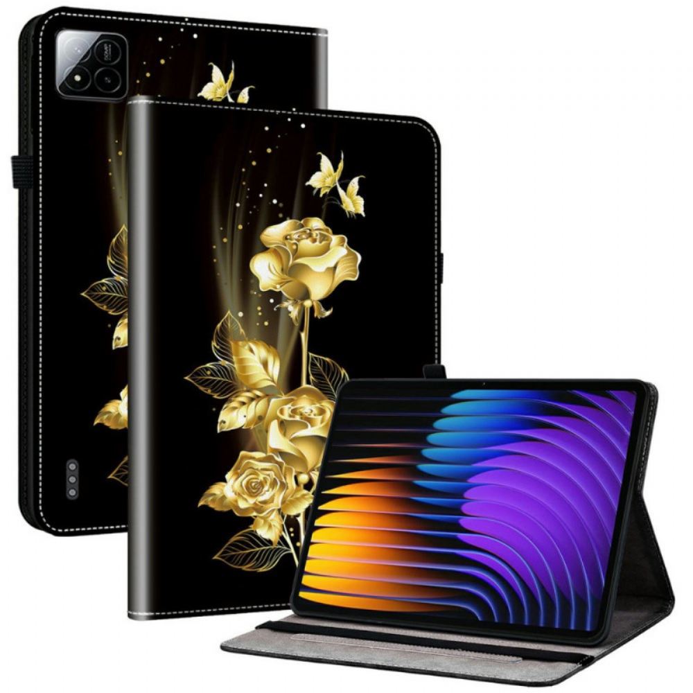 Kožený Kryt Xiaomi Pad 7 / 7 Pro Zlaté Růže A Motýli