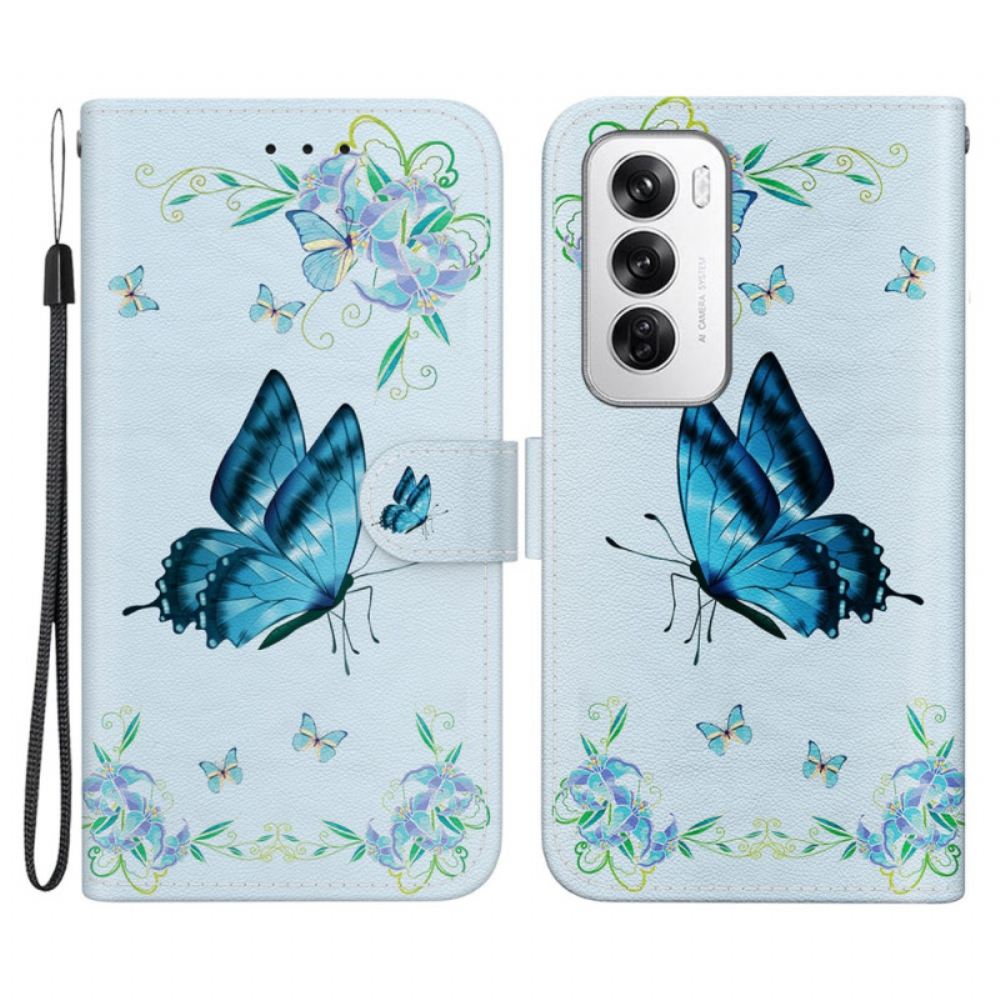 Kožený Kryt Oppo Reno 12 5g Modrí Motýli A Květiny S Popruhem