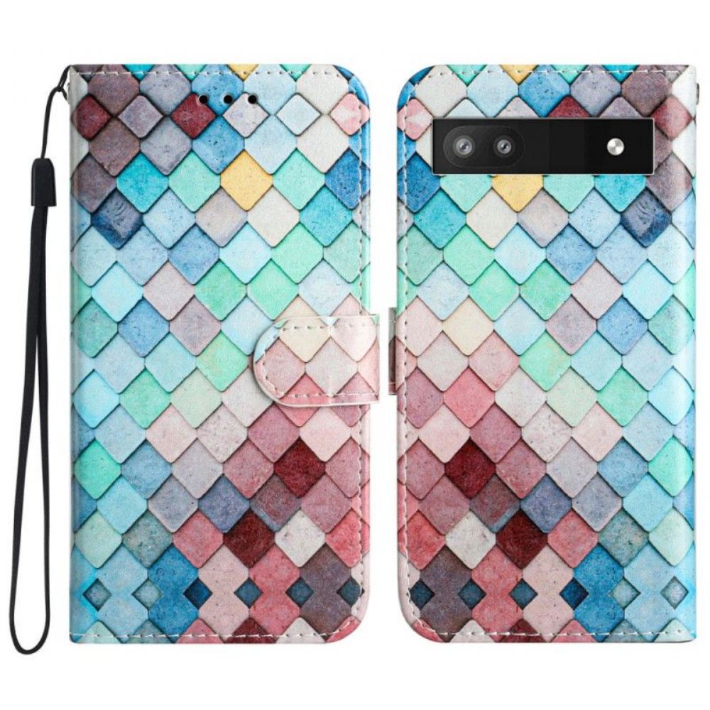 Kožené Pouzdro Na Google Pixel 7A Na Lana Mřížka Barevných Pásů